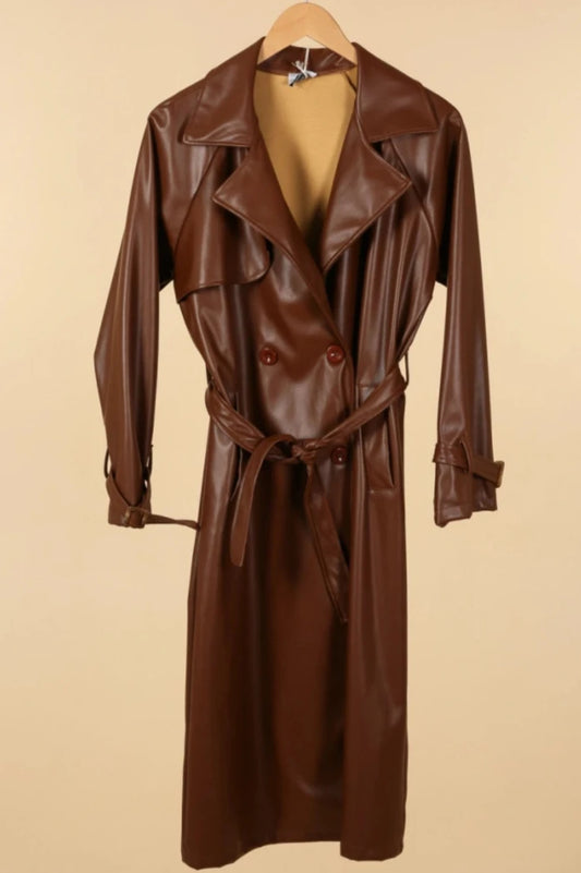 Trench long en cuir marron